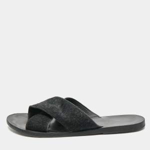 Ancient Greek Sandals Black Calf Hair Crisscross Flat Slides Size 40