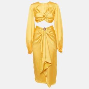 Pre Owned Andrea Iyamah Yellow Satin Draped Behati Crop Top and Skirt Set XS