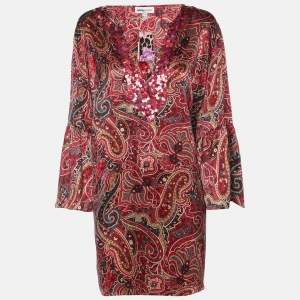 Pre Owned Anna Scholz Red Printed Satin Sequin Embellished Tunic XL
