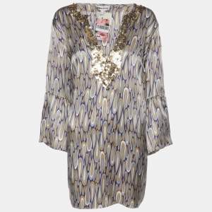 Pre Owned Anna Scholz Multicolor Satin Sequin Embellishment Wide Sleeve V Neck Tunic XL