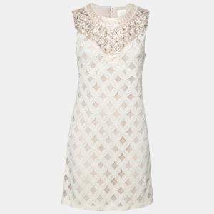 Anna Sui Cream Crochet Cotton Lace Overlay Embellished Sleeveless Shift Dress S