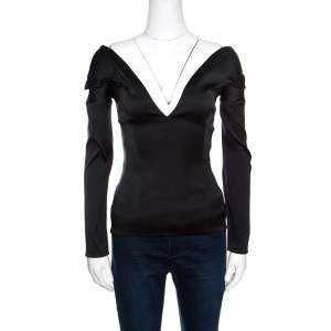 Antonio Berardi Black Satin Off Shoulder Plunge Neck Top S