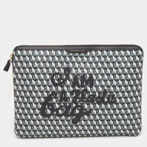 Pre Owned Anya Hindmarch 'I AM A PLASTIC BAG" Grey/Black Coated Canvas Laptop Case