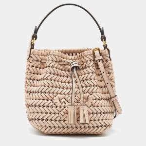 Pre Owned Anya Hindmarch Beige Woven Leather Tassel Bucket Bag