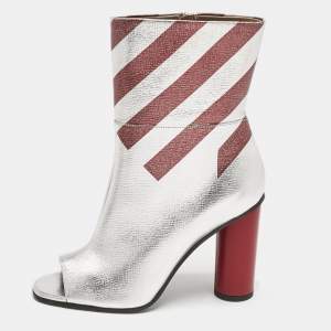 Anya Hindmarch Silver/Burgundy Stripe Leather Peep Toe Ankle Boots Size 40