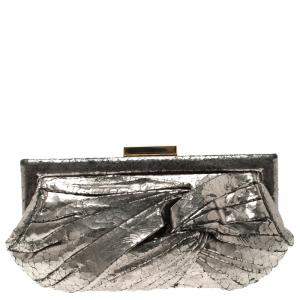 Pre Owned Anya Hindmarch Metallic Silver Crackled Leather Frame Clutch