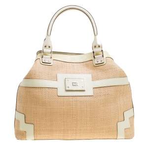 Pre Owned Anya Hindmarch Beige/Cream Raffia and Patent Leather Tote