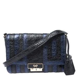 Pre Owned Anya Hindmarch Blue/Black Textured Stripe Leather Flap Crossbody Bag