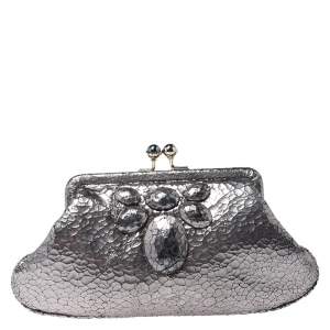 Pre Owned Anya Hindmarch Silver Crackled Leather Knot Clutch