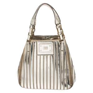 Pre Owned Anya Hindmarch Metallic Gold Striped Leather Belvedere Tote