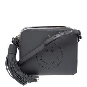 Pre Owned Anya Hindmarch Dark Grey Leather Smiley Crossbody Bag with Small Zip Around Wallet