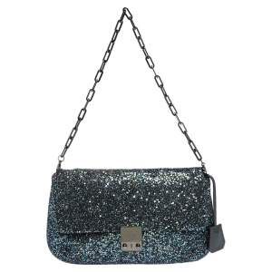 Pre Owned Anya Hindmarch Blue Glitter and Leather Flap Chain Shoulder Bag