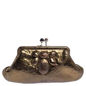 Pre Owned Anya Hindmarch Metallic Gold Ceramic Effect Leather Kiss Lock Clutch 