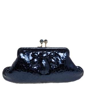 Pre Owned Anya Hindmarch Metallic Blue Ceramic Effect Leather Kiss Lock Clutch 