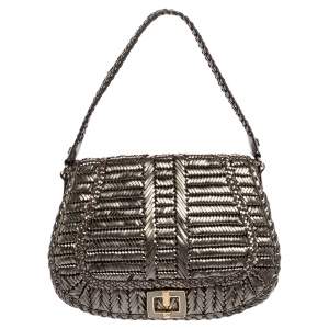 Anya Hindmarch Metallic Grey Woven Leather Flap Hobo
