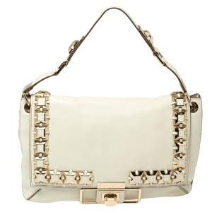 Pre Owned Anya Hindmarch White Leather Studded Flap Top Handle Bag
