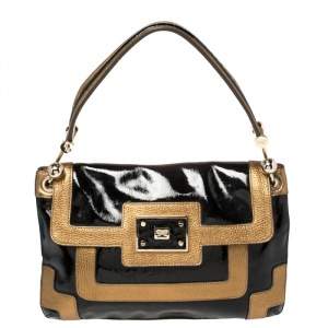 Pre Owned Anya Hindmarch Black/Gold Patent And Leather Flap Shoulder Bag