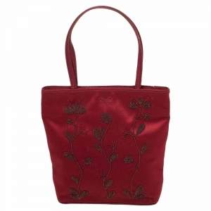 Pre Owned Anya Hindmarch Burgundy Embroidered Satin Tote