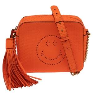 Pre Owned Anya Hindmarch Neon Orange Python Smiley Crossbody Bag