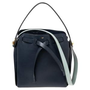 Pre Owned Anya Hindmarch Navy Blue Leather Shoelace Drawstring Bucket Bag