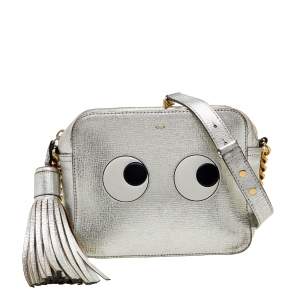 Pre Owned Anya Hindmarch Metallic Silver Leather Eyes Crossbody Bag