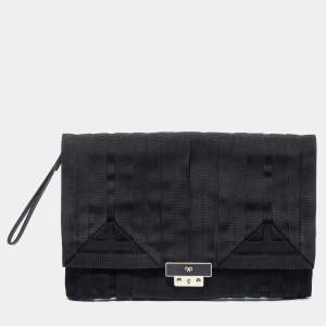 Pre Owned Anya Hindmarch Black Canvas and Leather Flap Clutch