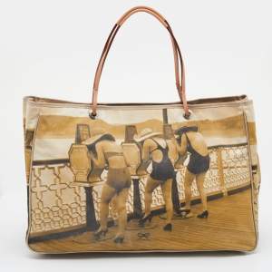 Pre Owned Anya Hindmarch Beige Printed Fabric And Patent Leather Tote