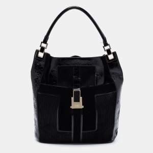 Anya Hindmarch Black Patent Leather and Suede Pushlock Pocket Tote