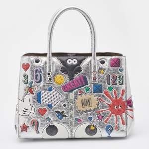 Pre Owned Anya Hindmarch Silver Leather Ebury Stickers Tote