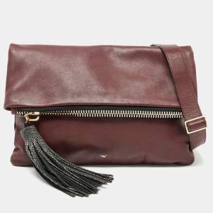 Anya Hindmarch Burgundy Leather Fold Over Tassel Crossbody Bag
