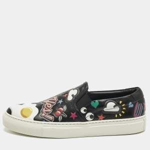 Pre Owned Anya Hindmarch Black Leather All Over Wink Sticker Slip On Sneakers Size 37