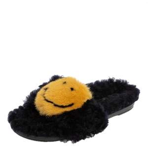 Anya Hindmarch Black/Yellow Smiley Shearling And Fur Flat Slides Size 41