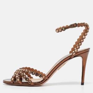 Aquazzura Brown Leather Crystal Embellished Ankle Strap Sandals Size 40