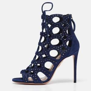 Aquazzura Blue Suede Begum Gladiator Sandals Size 37