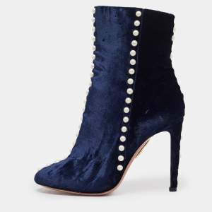 Aquazzura Navy Blue Velvet Follie Pearls Ankle Boots Size 36.5