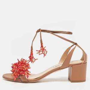 Aquazzura Brown Leather Panarea Beaded Ankle Tie Sandals Size 39.5