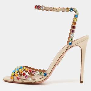 Pre Owned Aquazzura Multicolor Crystal Embellished Leather Tequila Ankle Strap Sandals Size 39