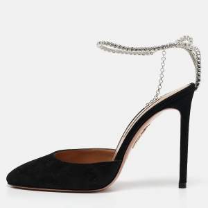 Aquazzura Black Suede Ice Ankle Strap Pumps Size 38
