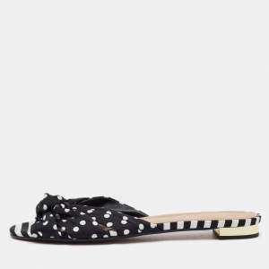 Aquazzura Black Polka Dot Print Fabric Knot Flat Slide Sandals Size 40