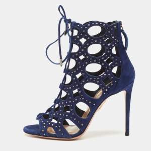 Aquazzura Navy Blue Cut Out Suede Studded Begum Booties Size 37