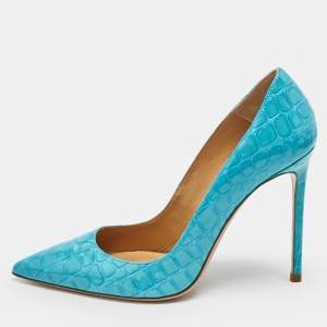 Pre Owned Aquazzura Blue Croc Embossed Leather Pointed Toe  Pumps Size 39.5