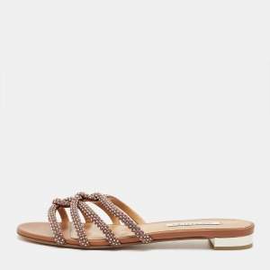 Pre Owned Aquazzura Brown Leather Crystal Embellish Flat Slide Size 41