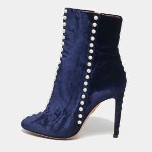 Pre Owned Aquazzura Navy Blue Velvet Follie Pearls Ankle Boots Size 36.5