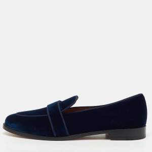 Pre Owned Aquazzura Navy Blue Velvet Martin Slip On Loafers Size 41