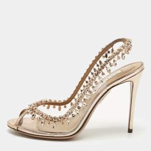 Pre Owned Aquazzura Gold Leather and PVC Crystal Embellish Temptation Peep Toe Pumps Size 38