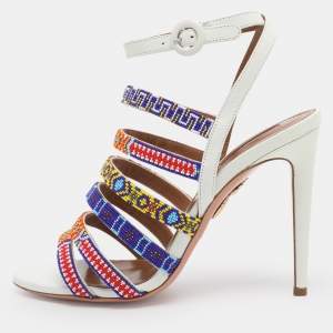 Pre Owned Aquazzura White Beads and Leather Strappy Ankle Strap Sandals Size 38.5