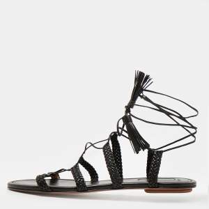 Pre Owned Aquazzura Black Braided Leather Stromboli Gladiator Flat Sandals Size 38.5