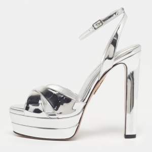 Pre Owned صندل أكوازورا ديفاين بلاتيو جلد لامع فضي بسوار للكاحل ومقدمة كبيرة مقاس 38