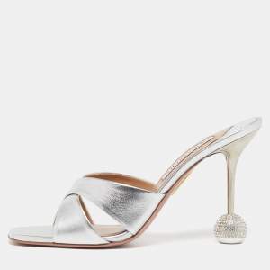 مملوكة مسبقًا Aquazzura Tes Darling Size 41 Silver Leather Slide Sandals