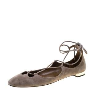 Pre Owned Aquazzura Beige Suede Dancer Lace Up Ballet Flats Size 40
